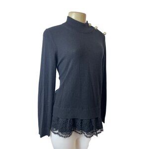 Kate Spade Broome Street Black Sweater With Lace Hem & Pearl Button Accents Sz M
